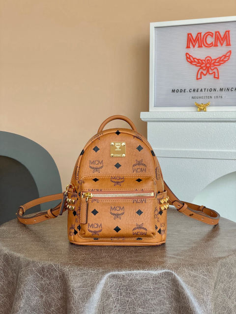MCM Strak Visetos X-Mini Studded Backpack in Classic Cognac Color