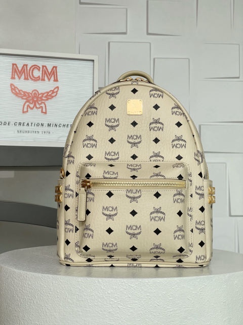MCM Strak Visetos Off-White Small Studded Backpack