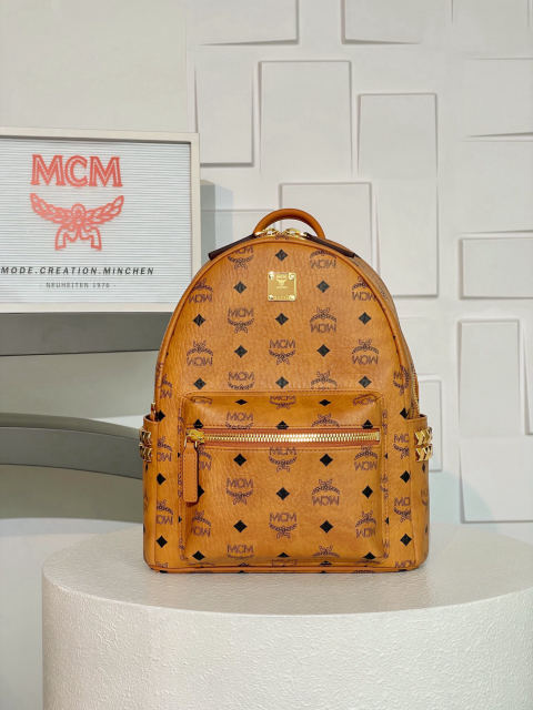 MCM Strak Visetos Cognac Small Studded Backpack