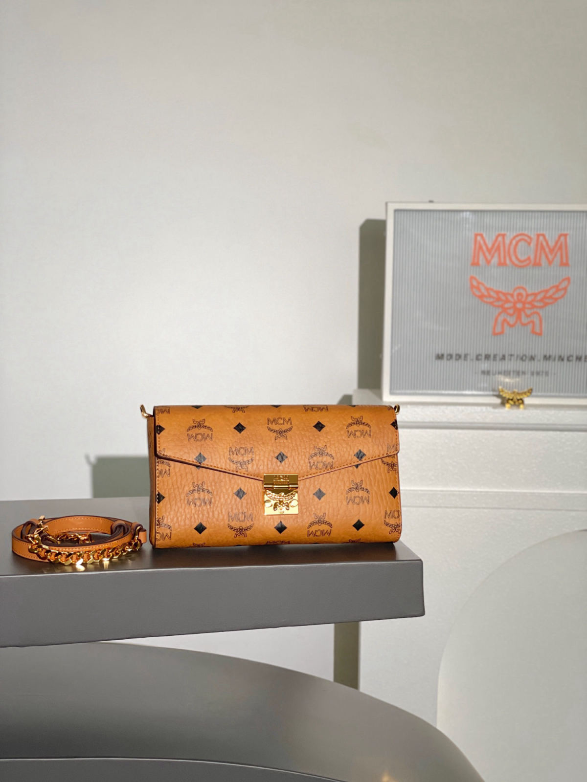 MCM TRACY VISETOS Medium Envelope Bag with Leather Shoulder Strap and Chain