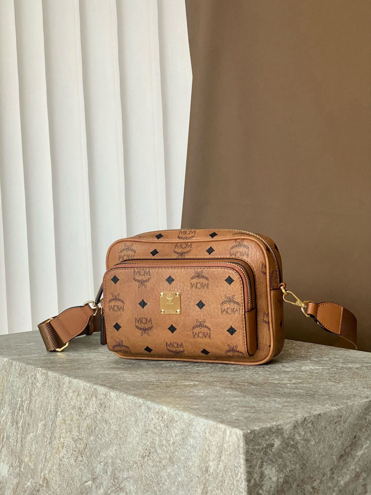 MCM AREN VISETOS Small Wide Shoulder Strap Camera Crossbody Bag
