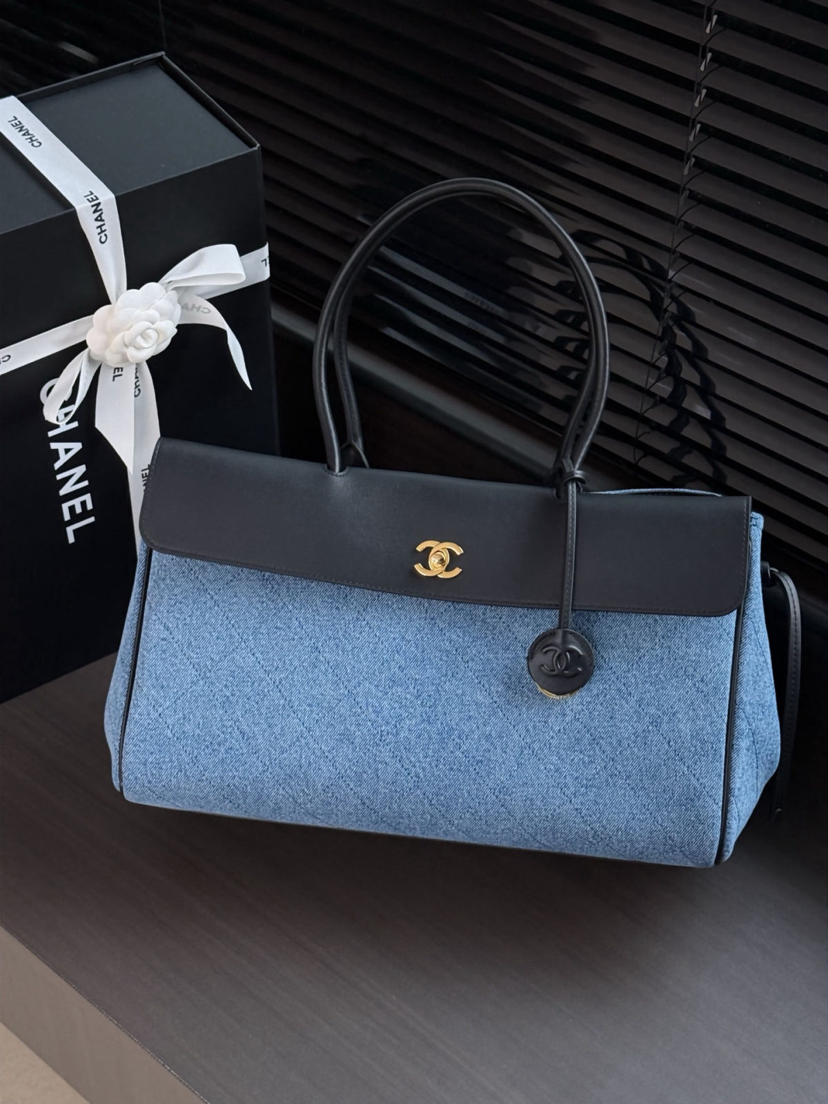 CHANEL Denim and Leather Baguette Bag