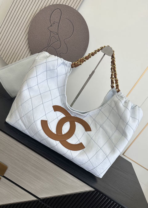 CHANEL Blue Double C Canvas Beach Bag/Tote Bag