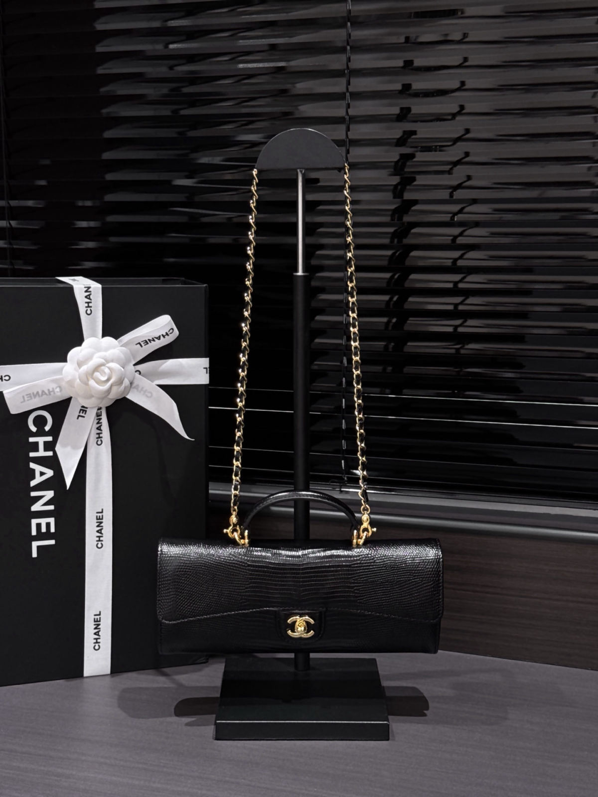 CHANEL Black Lizard Embossed Handle Bag
