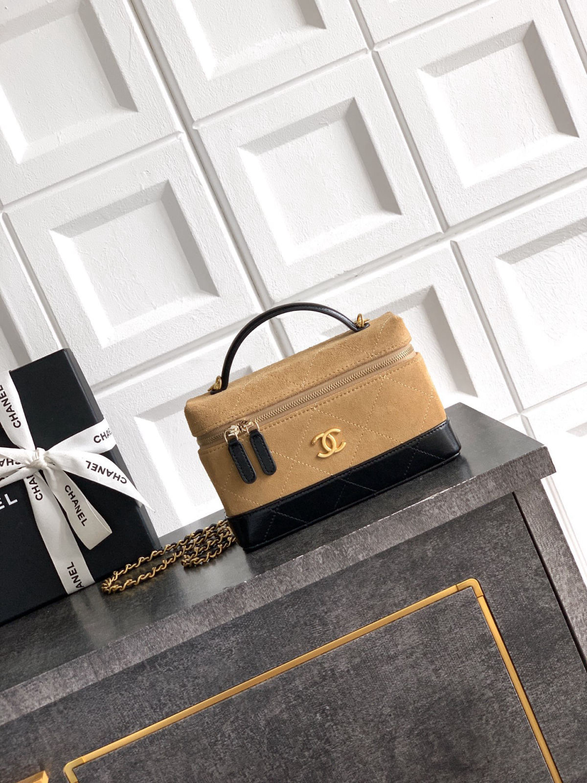 (Black with khaki and brown accents) CHANEL brown suede and black lambskin lunchbox LP bag