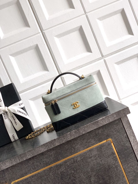 (Black and Misty Blue) CHANEL Brown Suede and Black Lambskin Lunch Box LP Bag