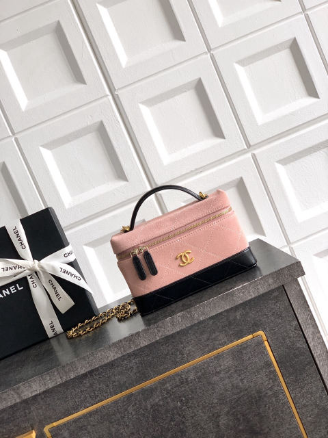 (Black with cherry blossom pink accents) CHANEL brown suede and black lambskin lunchbox LP bag