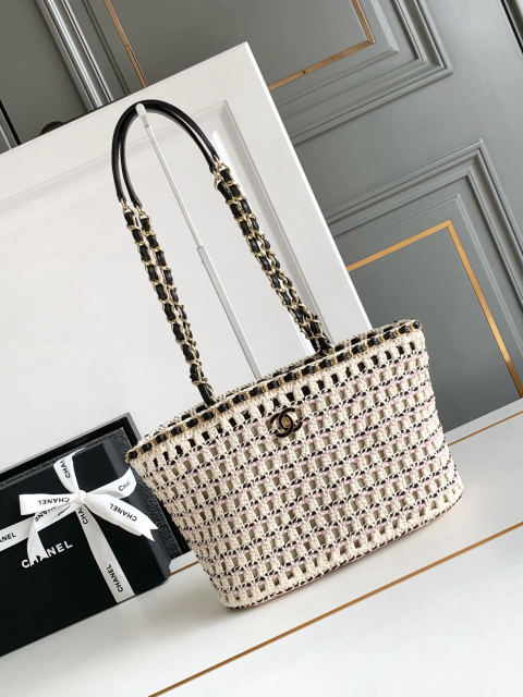 Black and light pink CHANEL early spring collection hand-woven vegetable basket