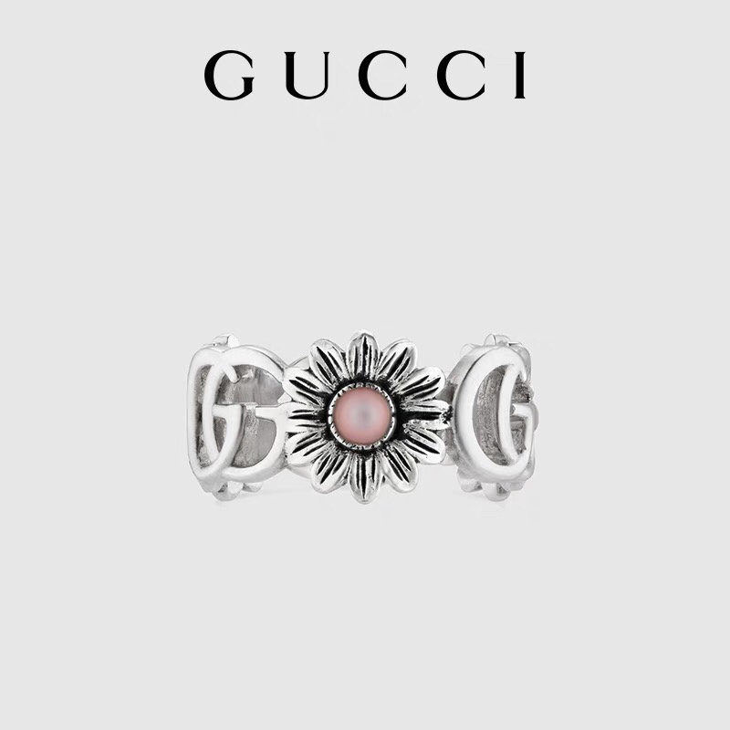 Gucci sterling silver GG vintage distressed pink daisy ring