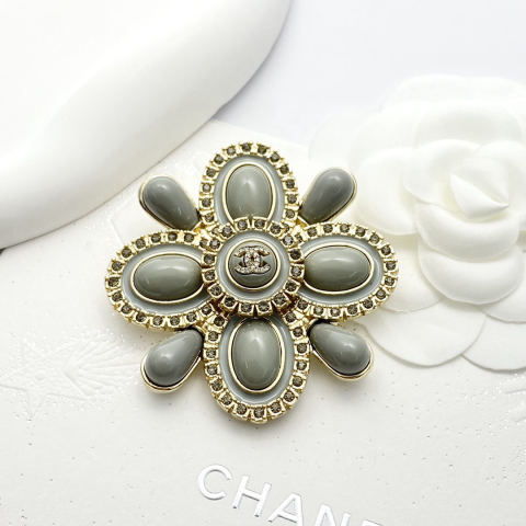 Chanel Baroque Rhinestone Double C Gray Brooch