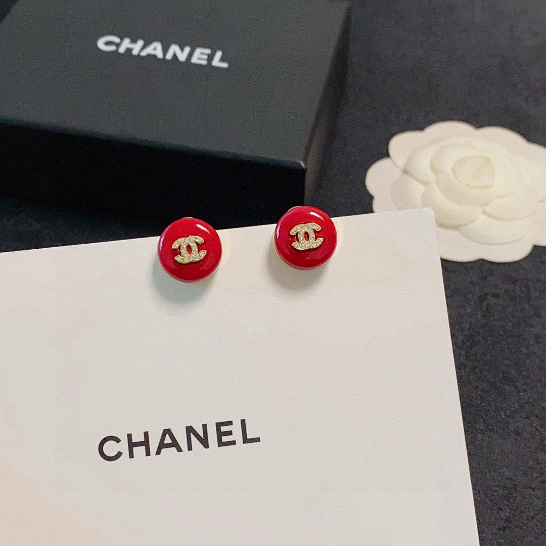Chanel red festive diamond stud earrings