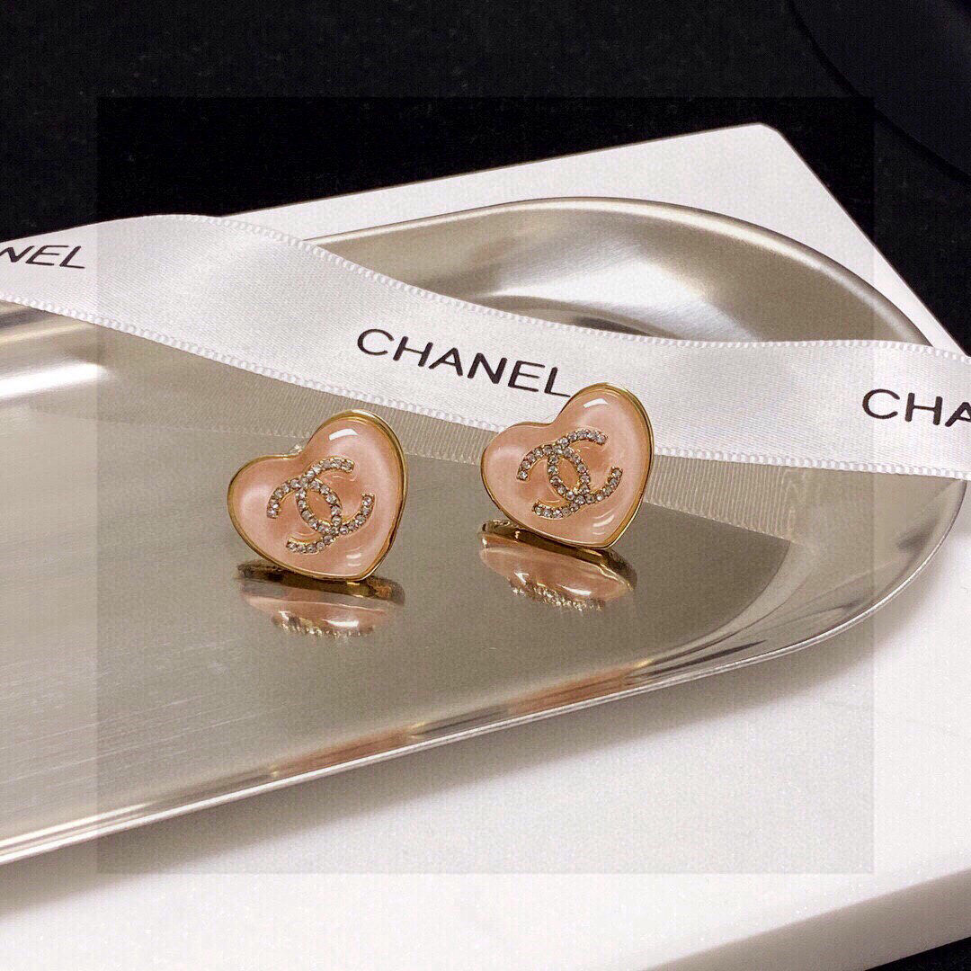 Chanel classic pink heart double C stud earrings
