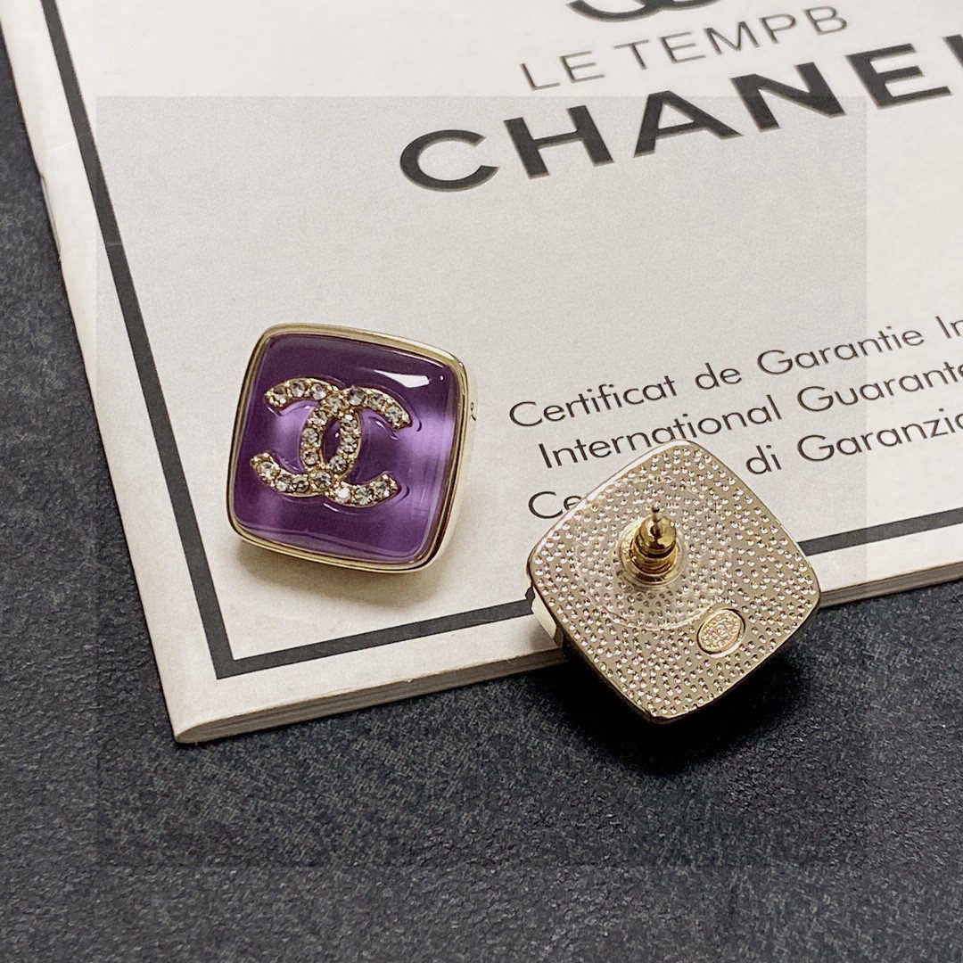 Chanel double C logo diamond-encrusted purple stud earrings