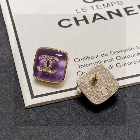 Chanel double C logo diamond-encrusted purple stud earrings