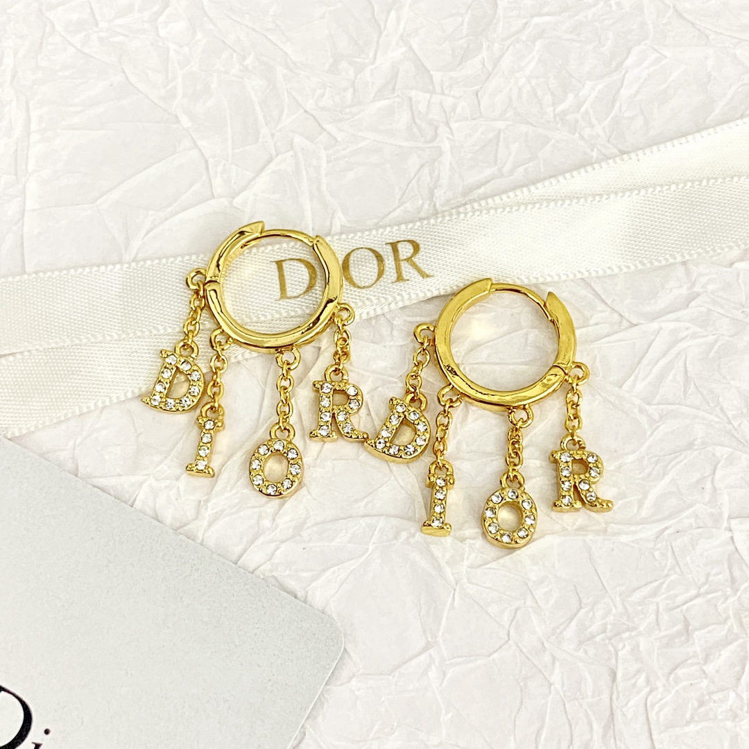 Dior rhinestone tassel letter C hoop earrings