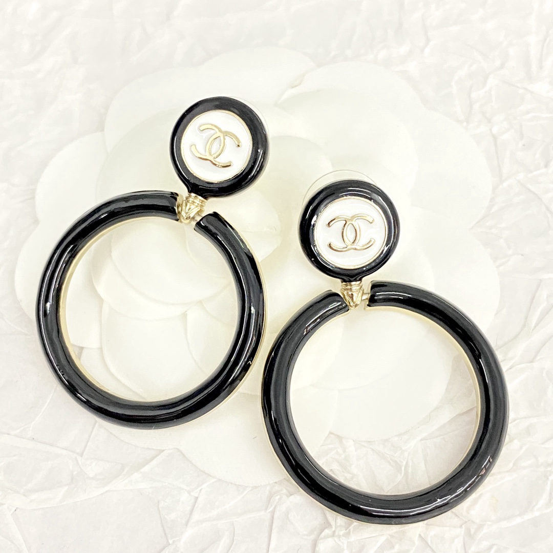 Chanel black and white enamel double C button large hoop earrings
