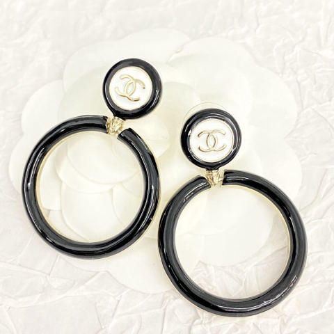 Chanel black and white enamel double C button large hoop earrings