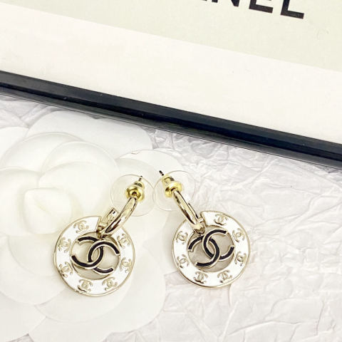 Chanel earrings, curved hook, black and white enamel round, double C stud earrings.