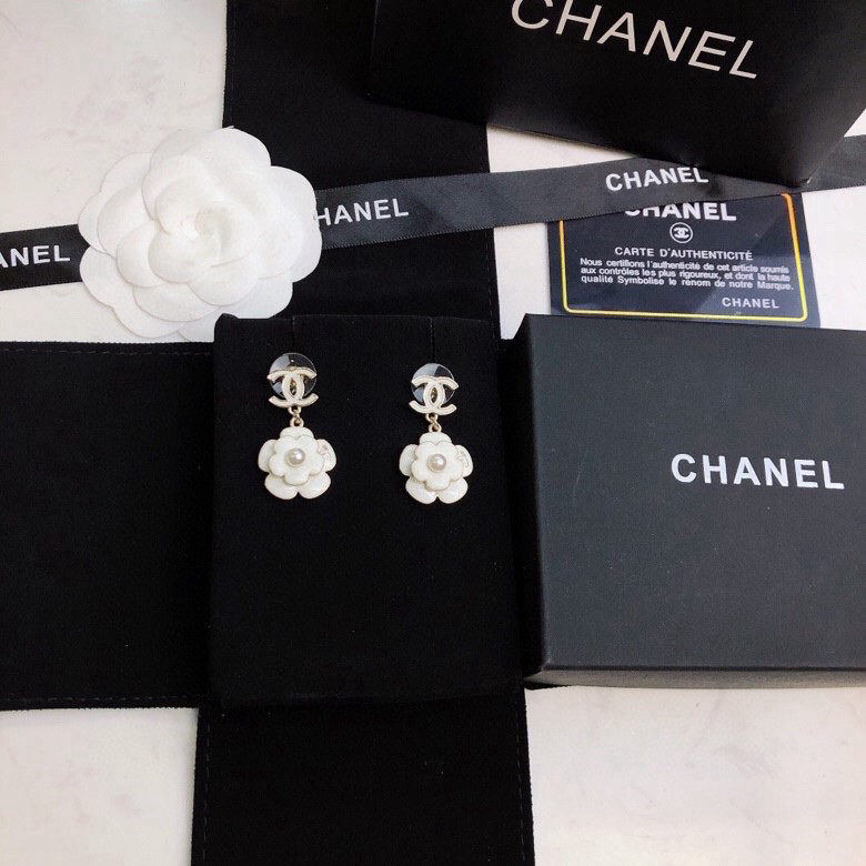Chanel White Camellia Earrings