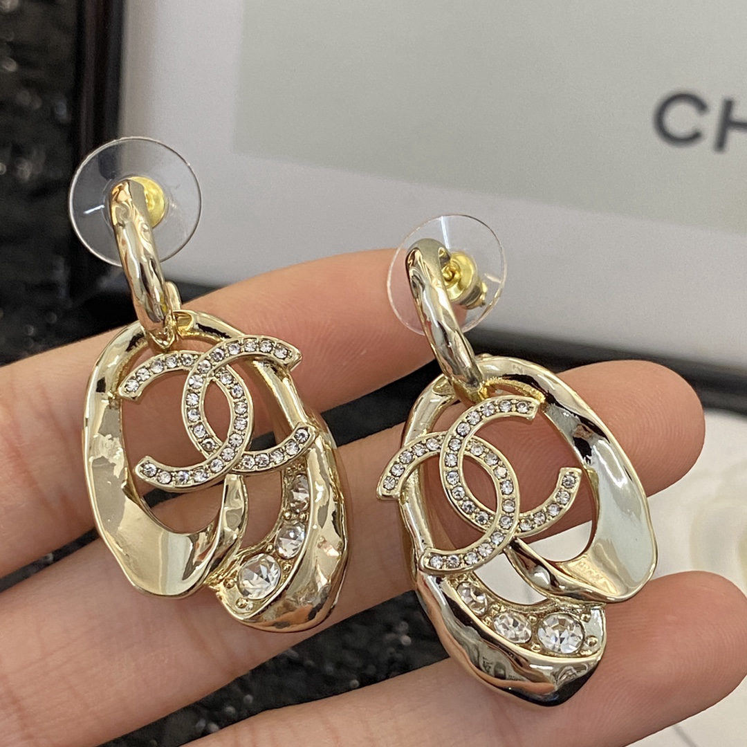 Chanel Feather Double C Rhinestone Stud Earrings