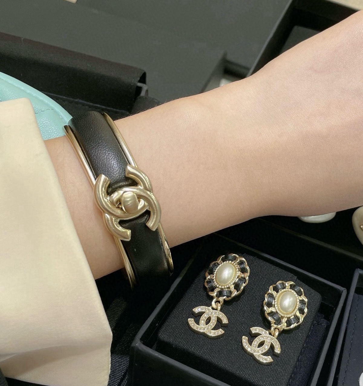 Chanel satin bag buckle lambskin bracelet