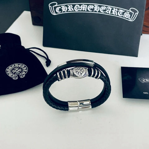 Chrome Hearts Classic Vintage Cross-Patterned Leather Cord Bracelet