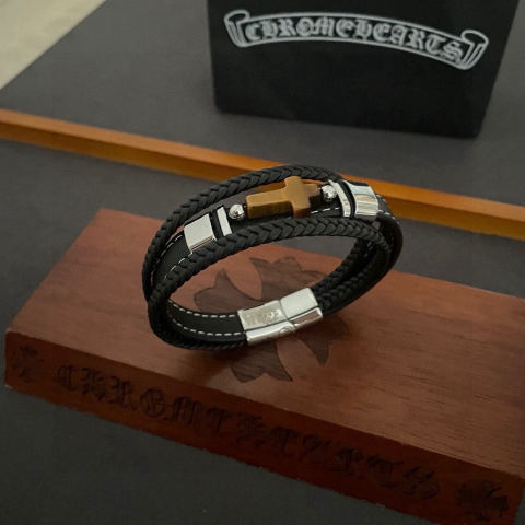 Chrome Hearts Tiger Eye Cross Leather Cord Bracelet