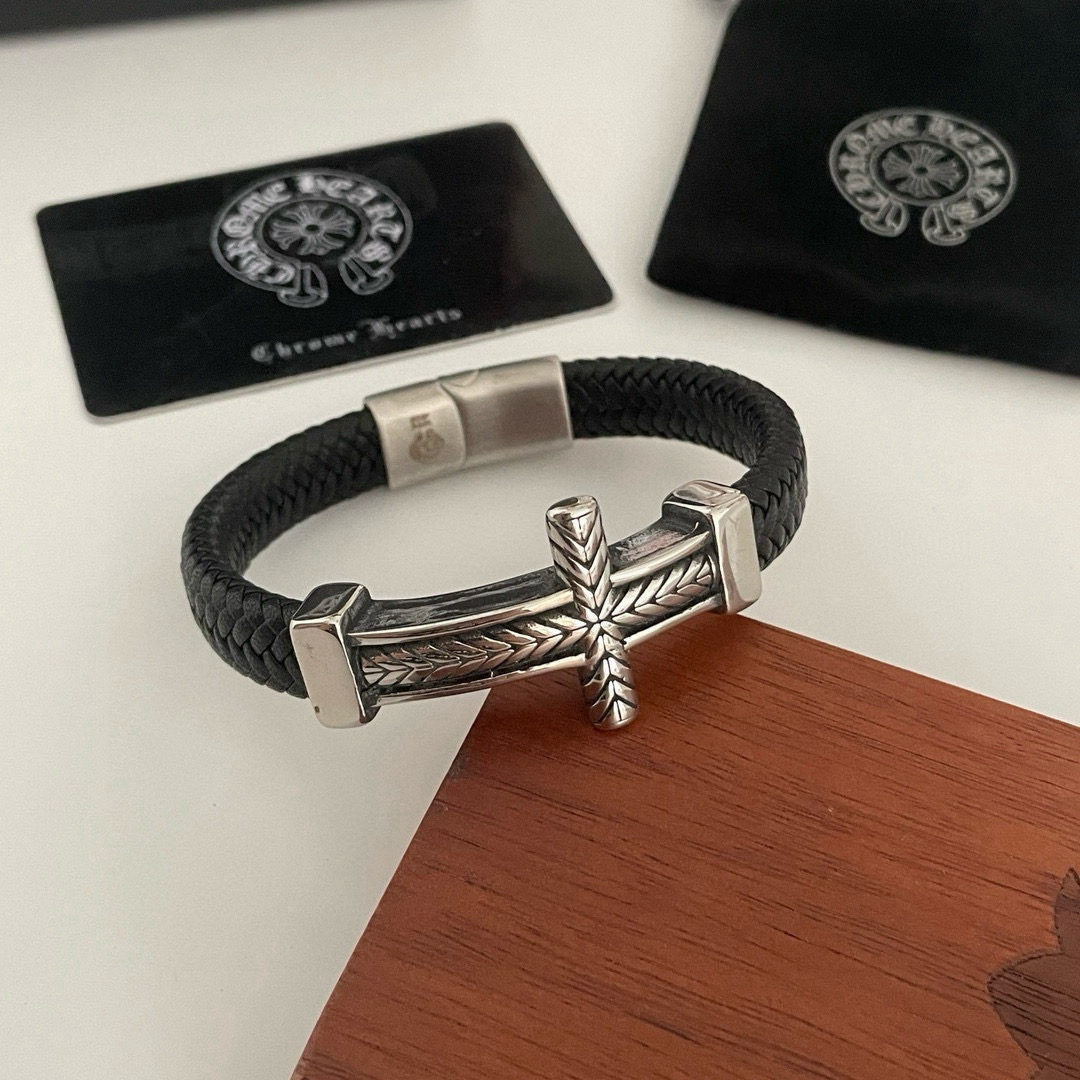 Chrome Hearts Classic Retro Cross Leather Cord Bracelet