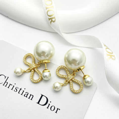 Dior openwork bow double pearl earrings