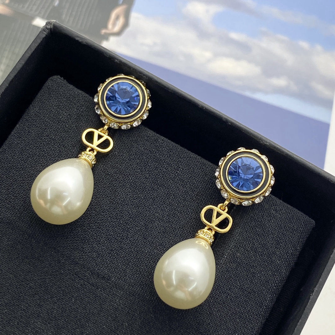 Valentino Blue Diamond Pendant Teardrop Pearl Earrings