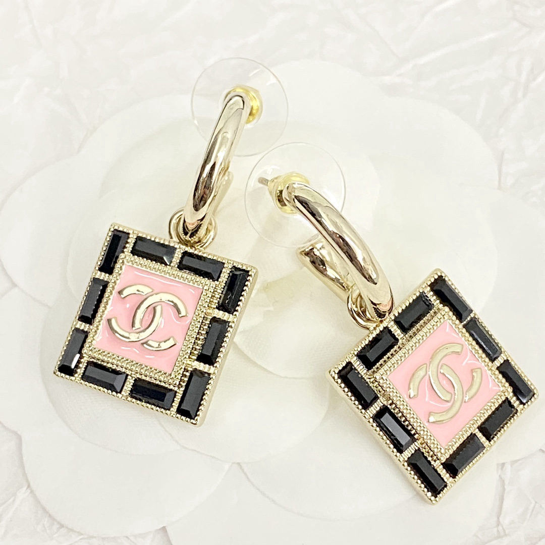 Chanel rhinestone double C square hook earrings