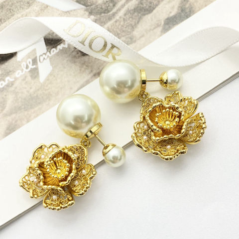 Dior Double Pearl Gold Peony Earrings